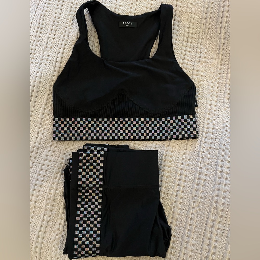 Brand new Terez set in black with irredescent checker strips size small